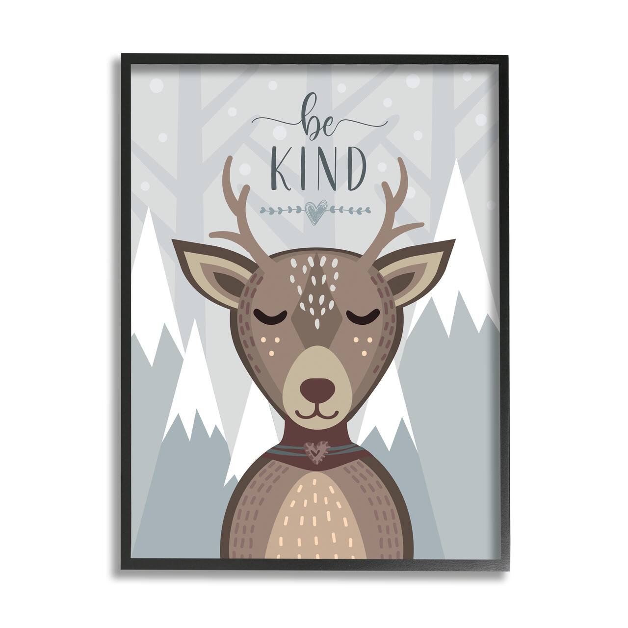 Stupell Industries Snowy Mountains Cartoon Deer Be Kind Sentiment Framed Wall Art
